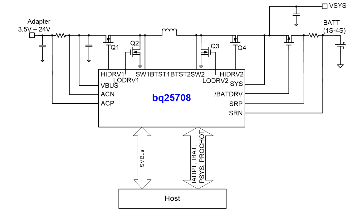 Application Circuit Diagram - Texas Instruments BQ25708 SMBus Buck-Boost Charge Controllers